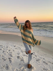 Poppy Beige and Sage Striped Oversized Sweater