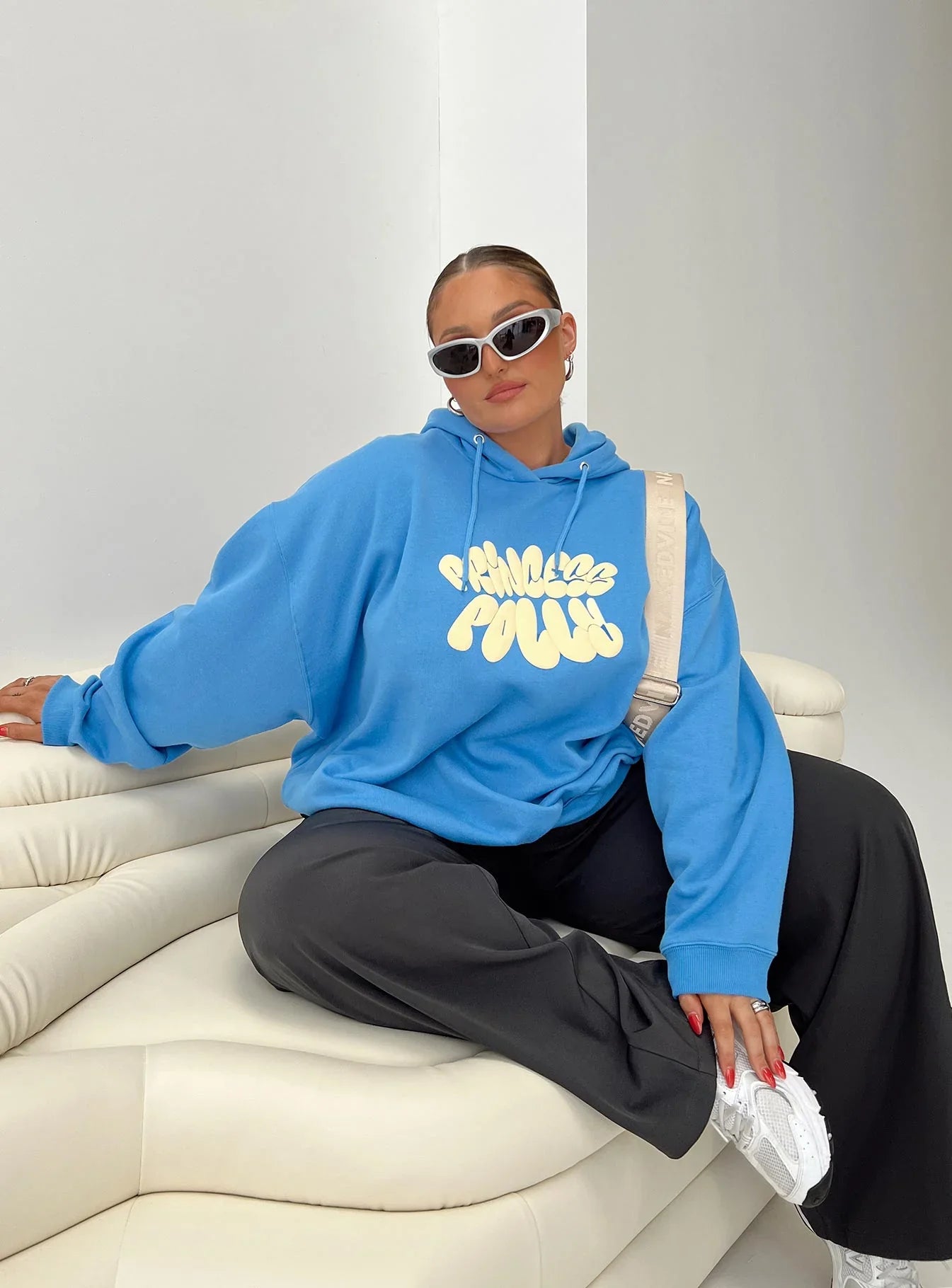 Princess Polly Hooded Sweatshirt Bubble Text Blue Yellow Curve