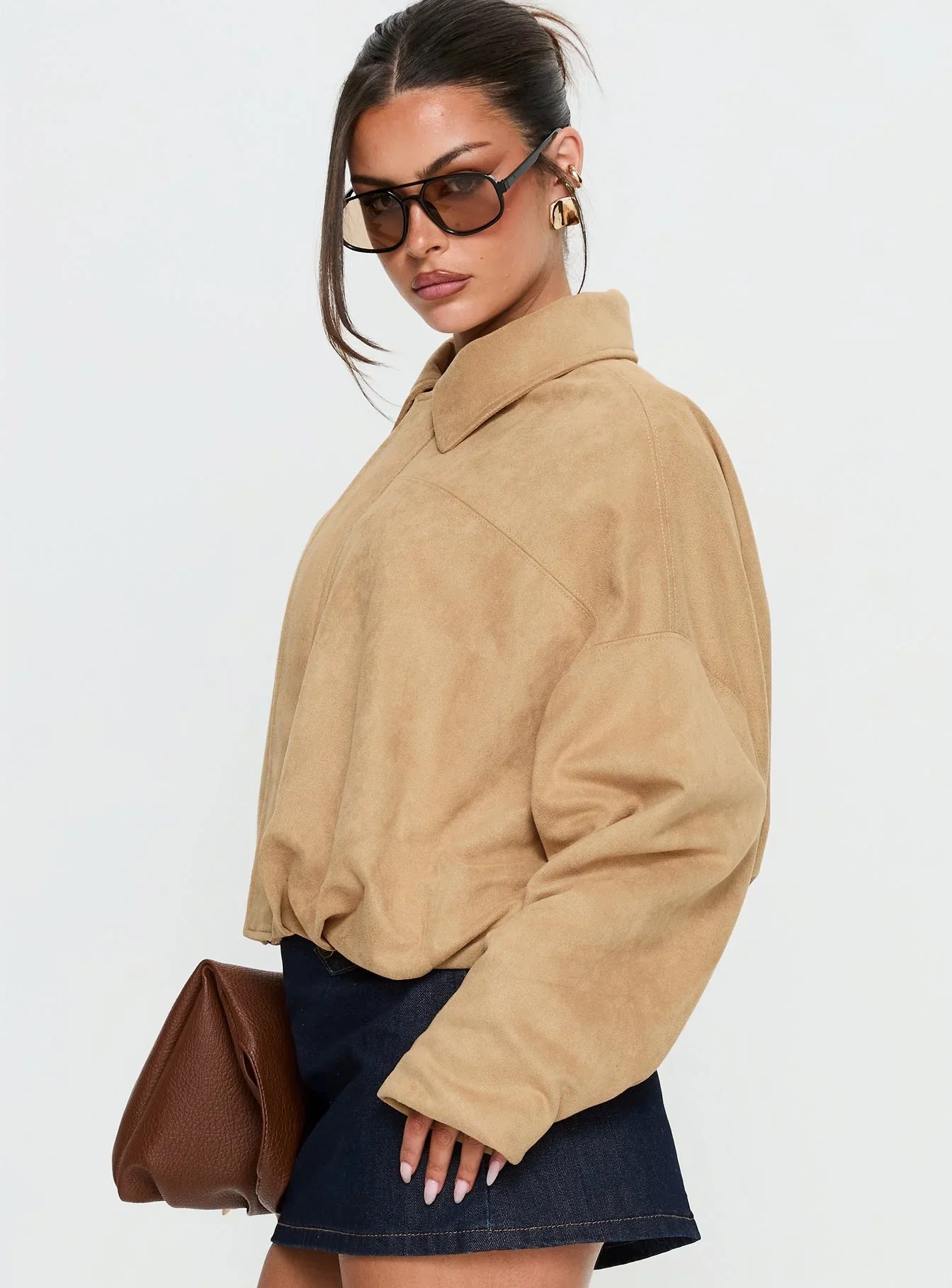 Enlightened Faux Suede Bomber Jacket Beige