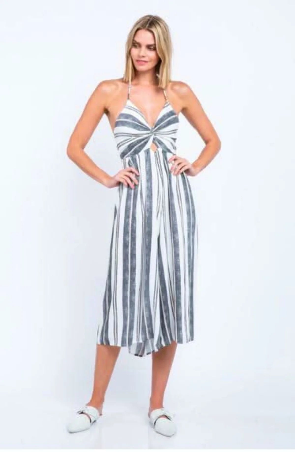 Mia White and Black Striped Print Cutout Culotte Jumpsuit