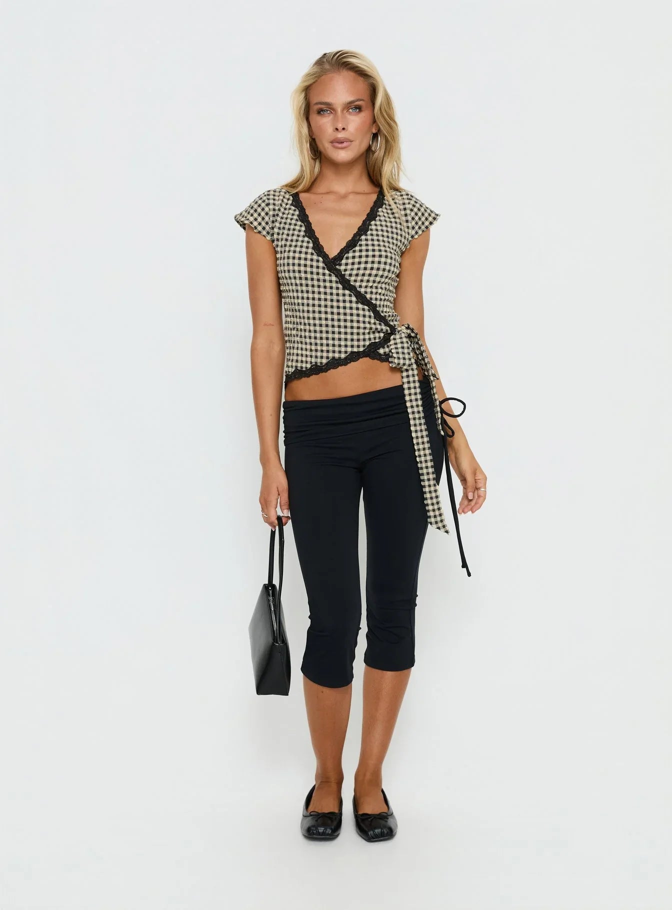 Meltwater Lace Trim Wrap Detail Top Black Check