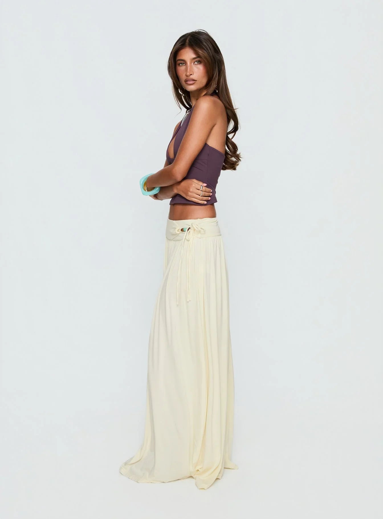 Velvet Storm Tie Detail Flowy Maxi Skirt Cream
