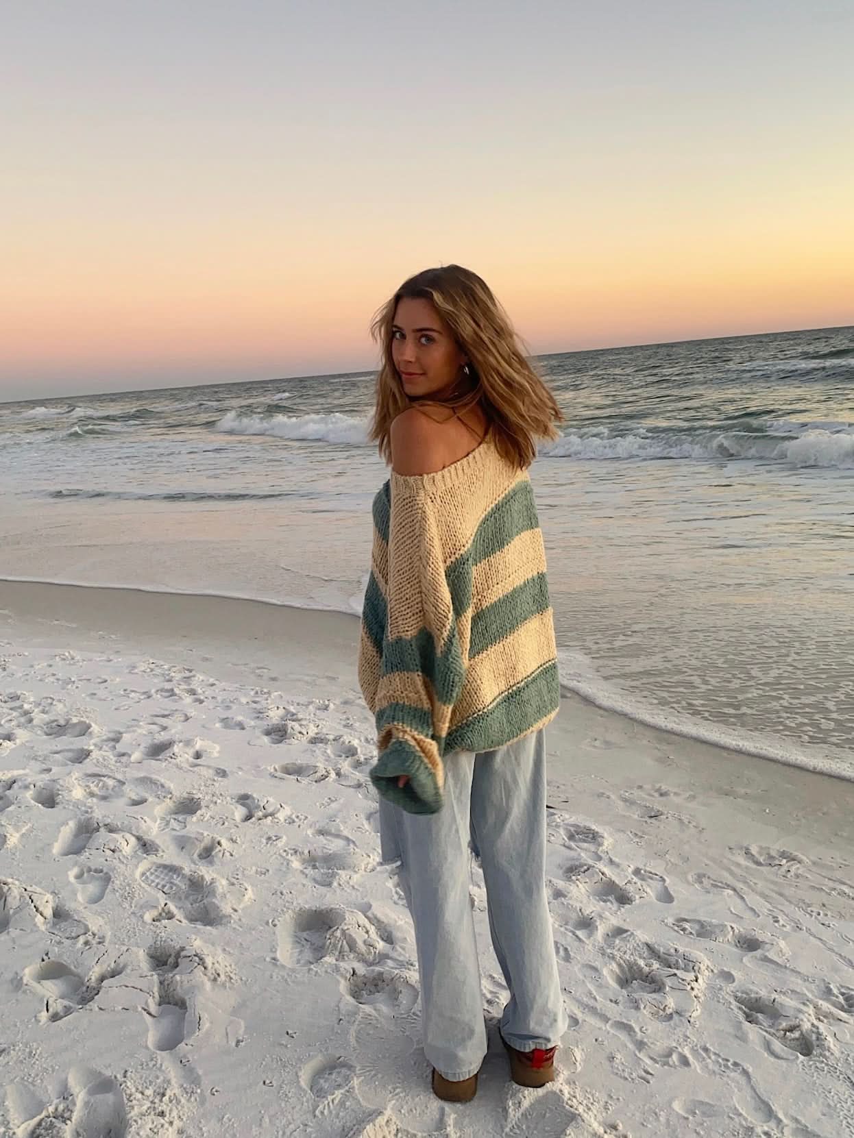 Poppy Beige and Sage Striped Oversized Sweater