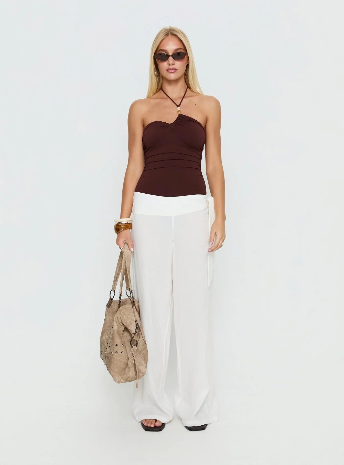 Meda Bead Detail Ruched Bodysuit Brown