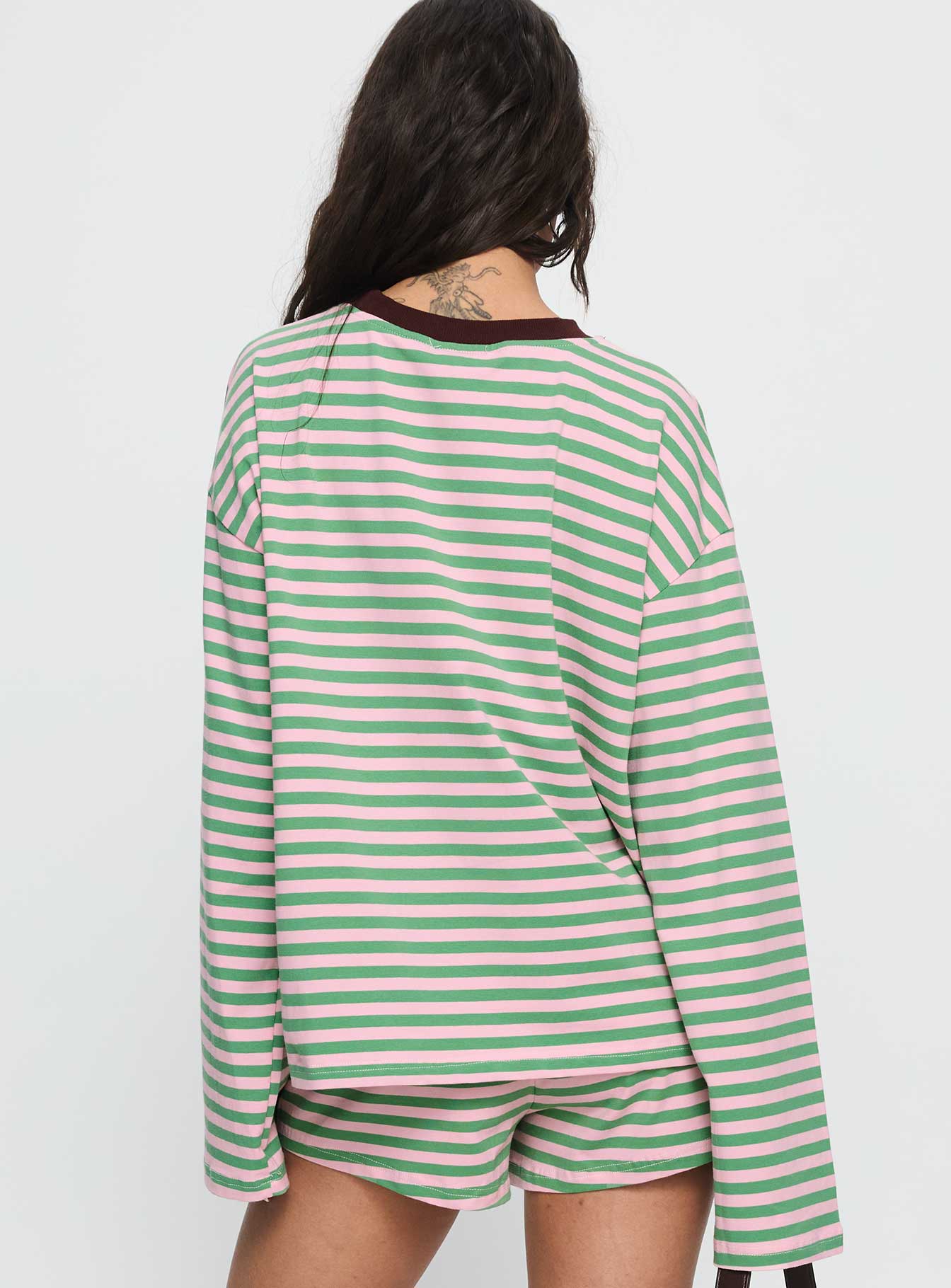 Settle Down Long Sleeve Top Green Pink Stripe