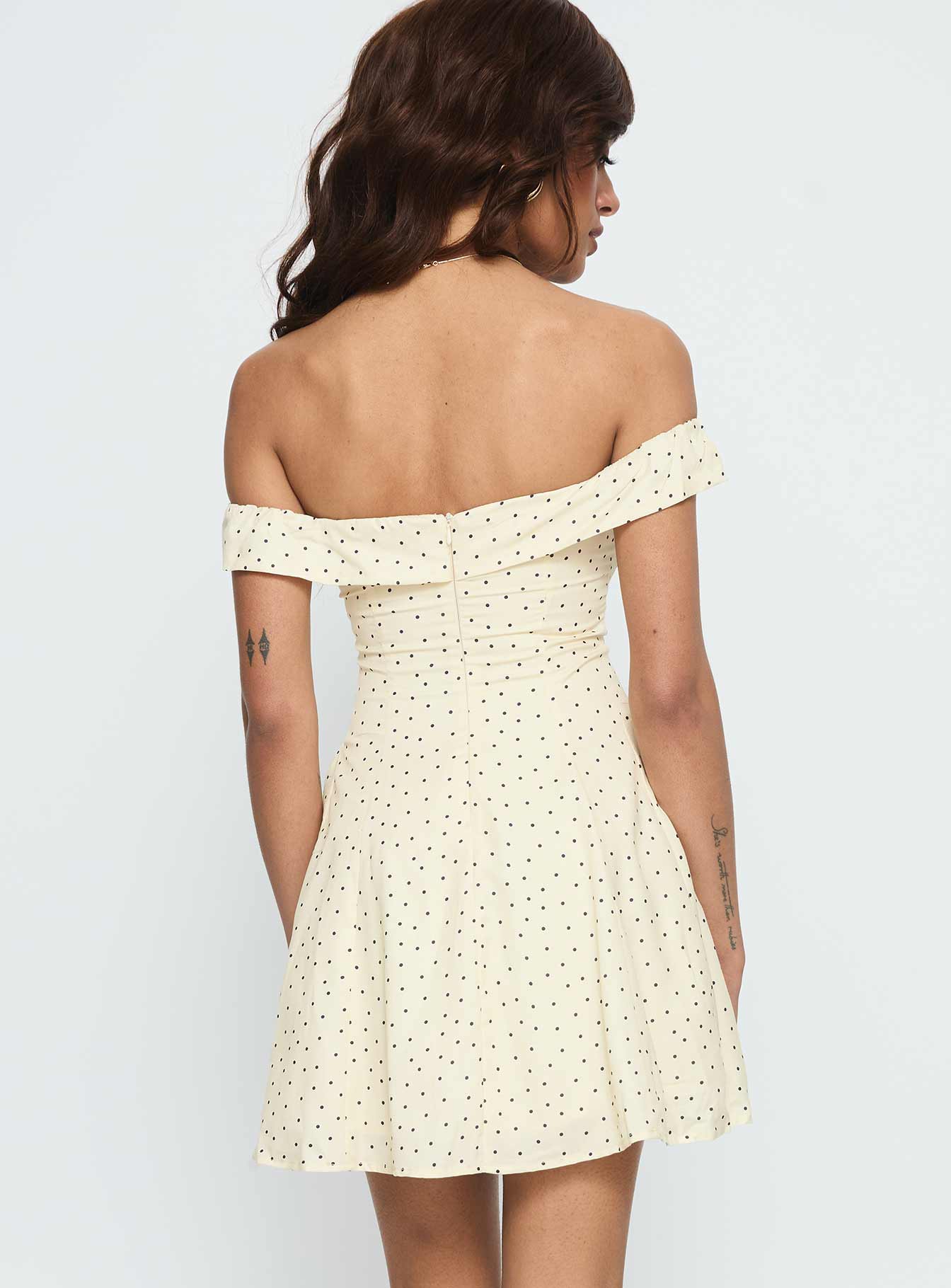 Rosebud Off The Shoulder Mini Dress Yellow Polka Dot