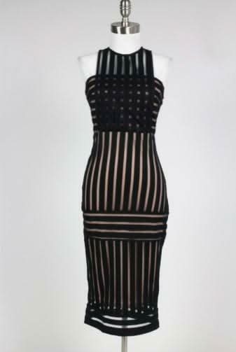 Rules of Intent Sheer Striped Black Body Con Midi Dress