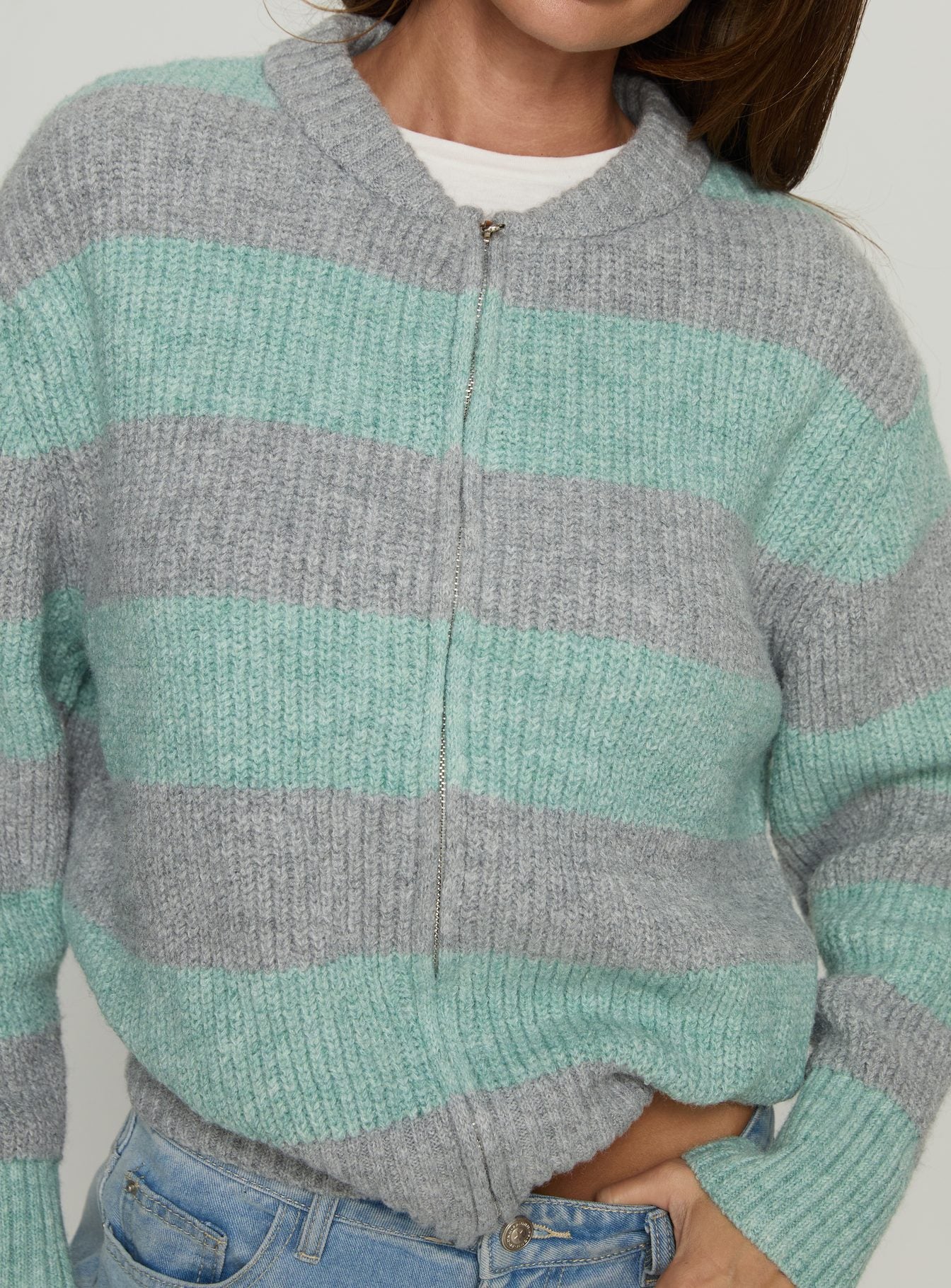 Queena Zip Through Knit Sweater Grey Blue Stripe