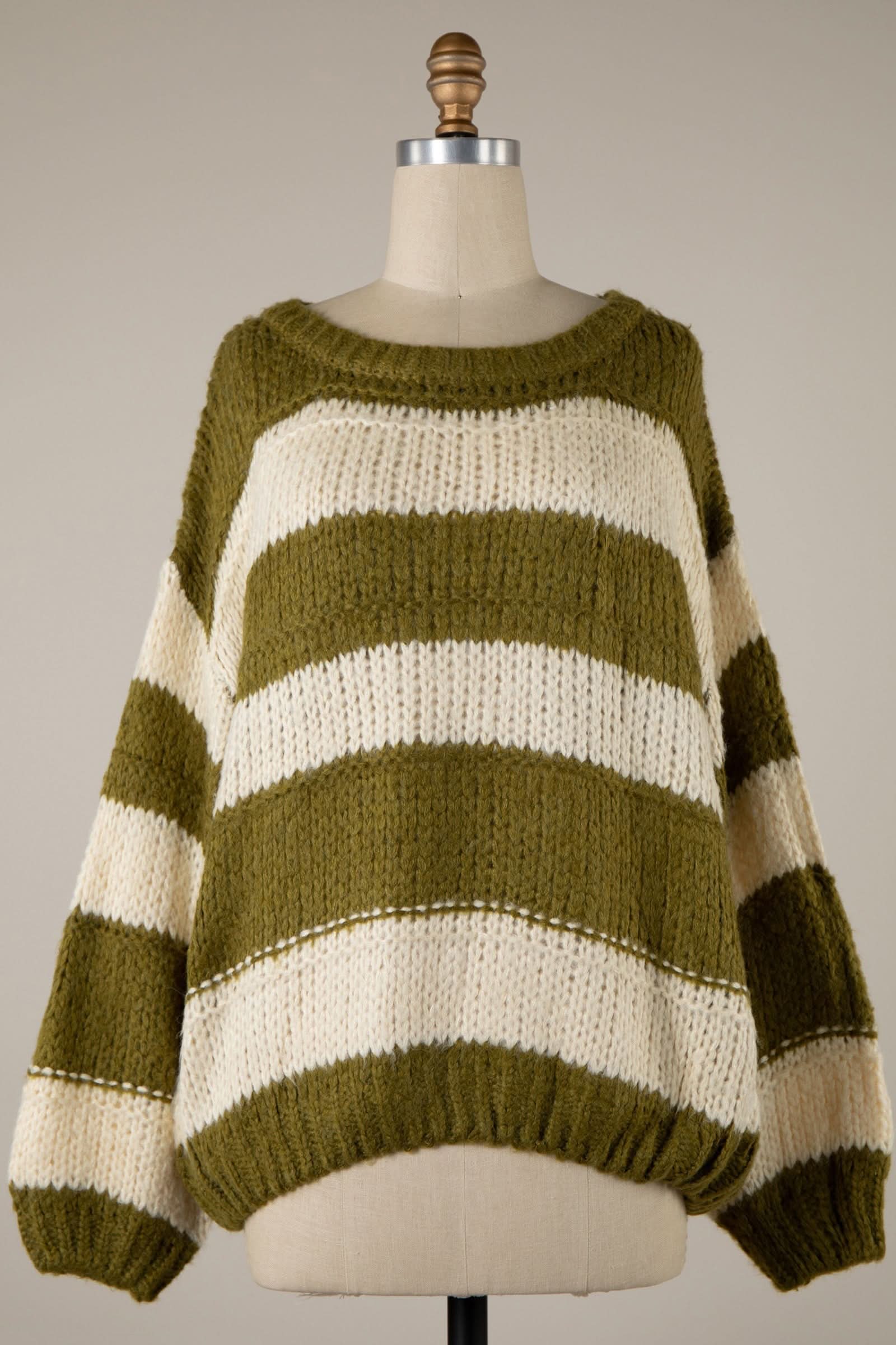Poppy Olive and Cream Striped Oversized Sweater