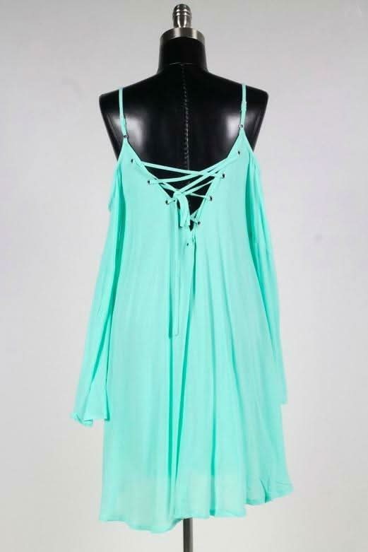 Welcome Back Mint Cold Shoulder Lace Up Dress