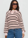 Jeanny Collared Knit Sweater Brown Pink Stripe