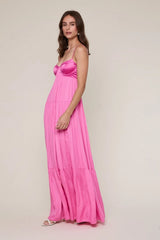 Blaire Pink Satin Tiered Maxi Dress