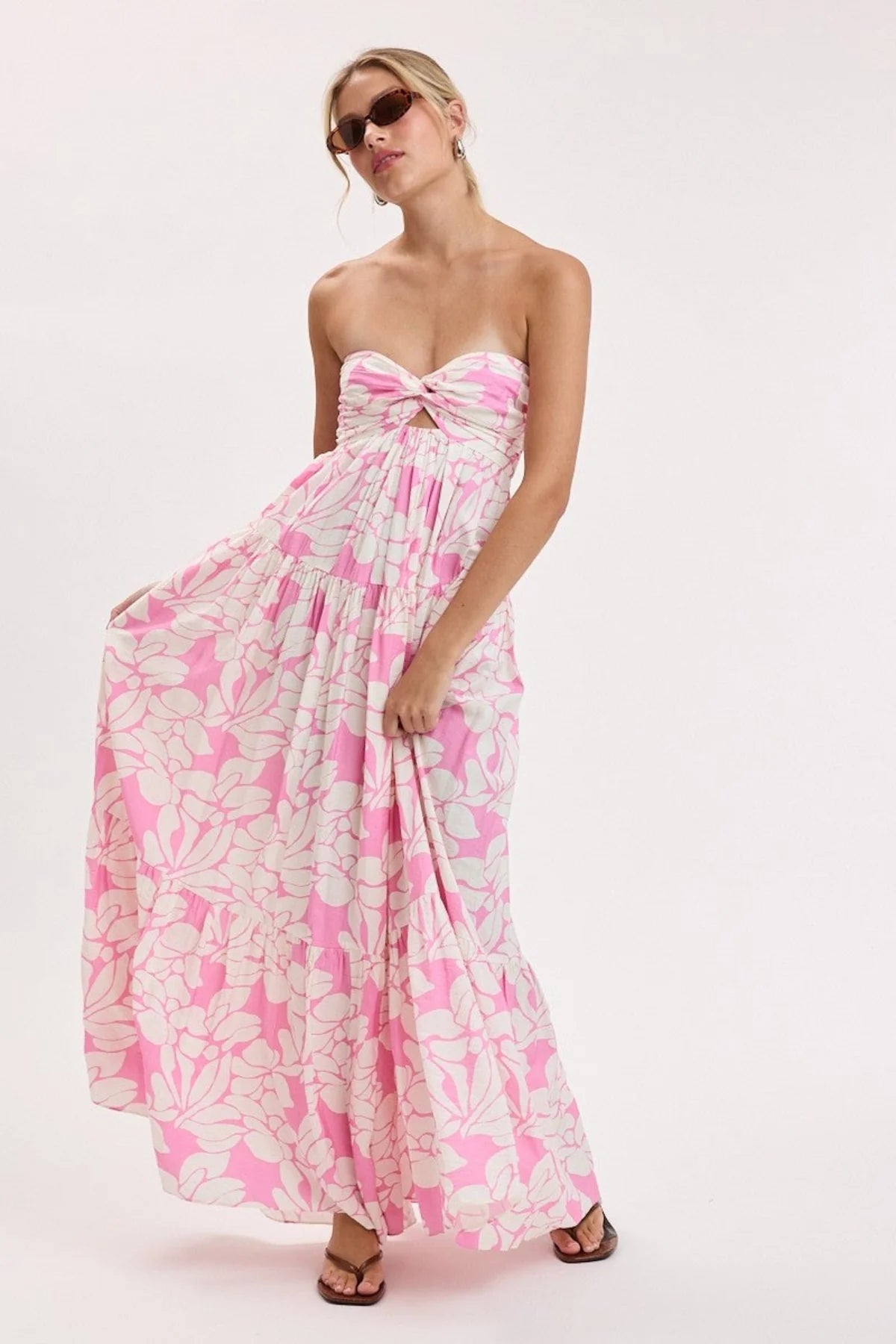 Brisa Pink Tropical Floral Strapless Maxi Dress