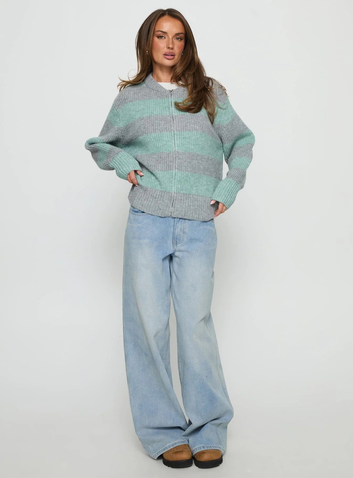Queena Zip Through Knit Sweater Grey Blue Stripe