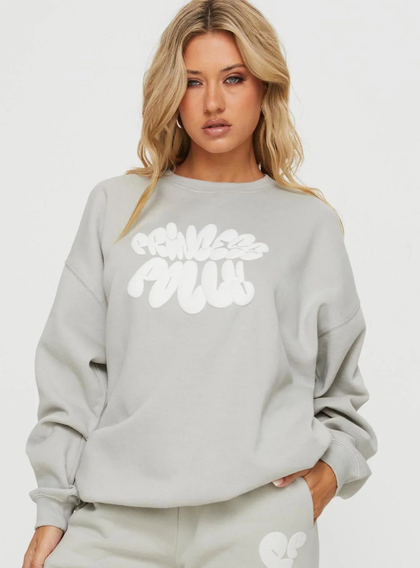 Princess Polly Crew Neck Sweatshirt Bubble Text Grey Cloud White