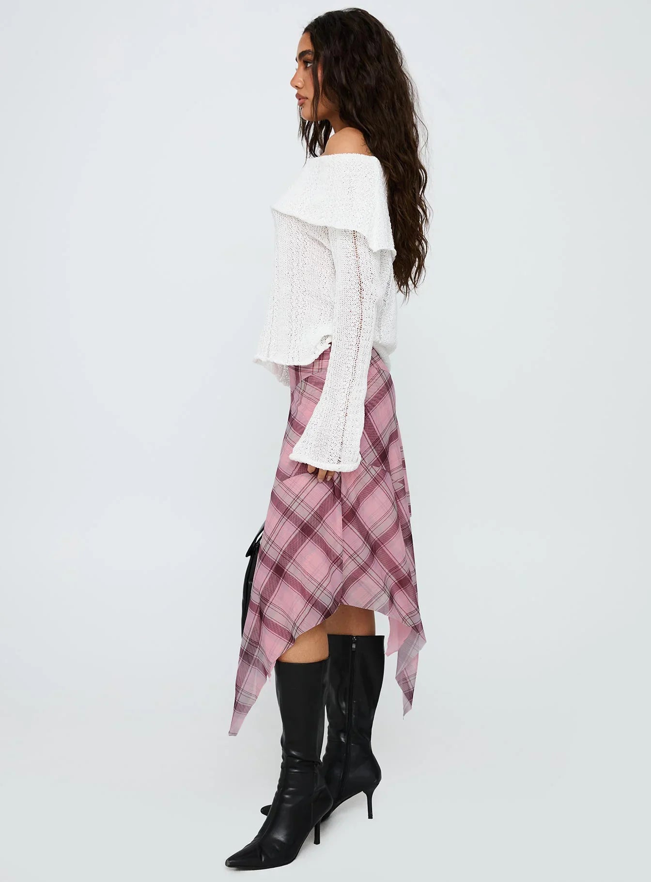 Anali Asymmetrical Midi Skirt Pink Multi Check