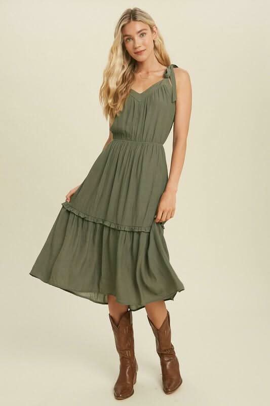 Why Wait Olive Tie Strap Midi Dress