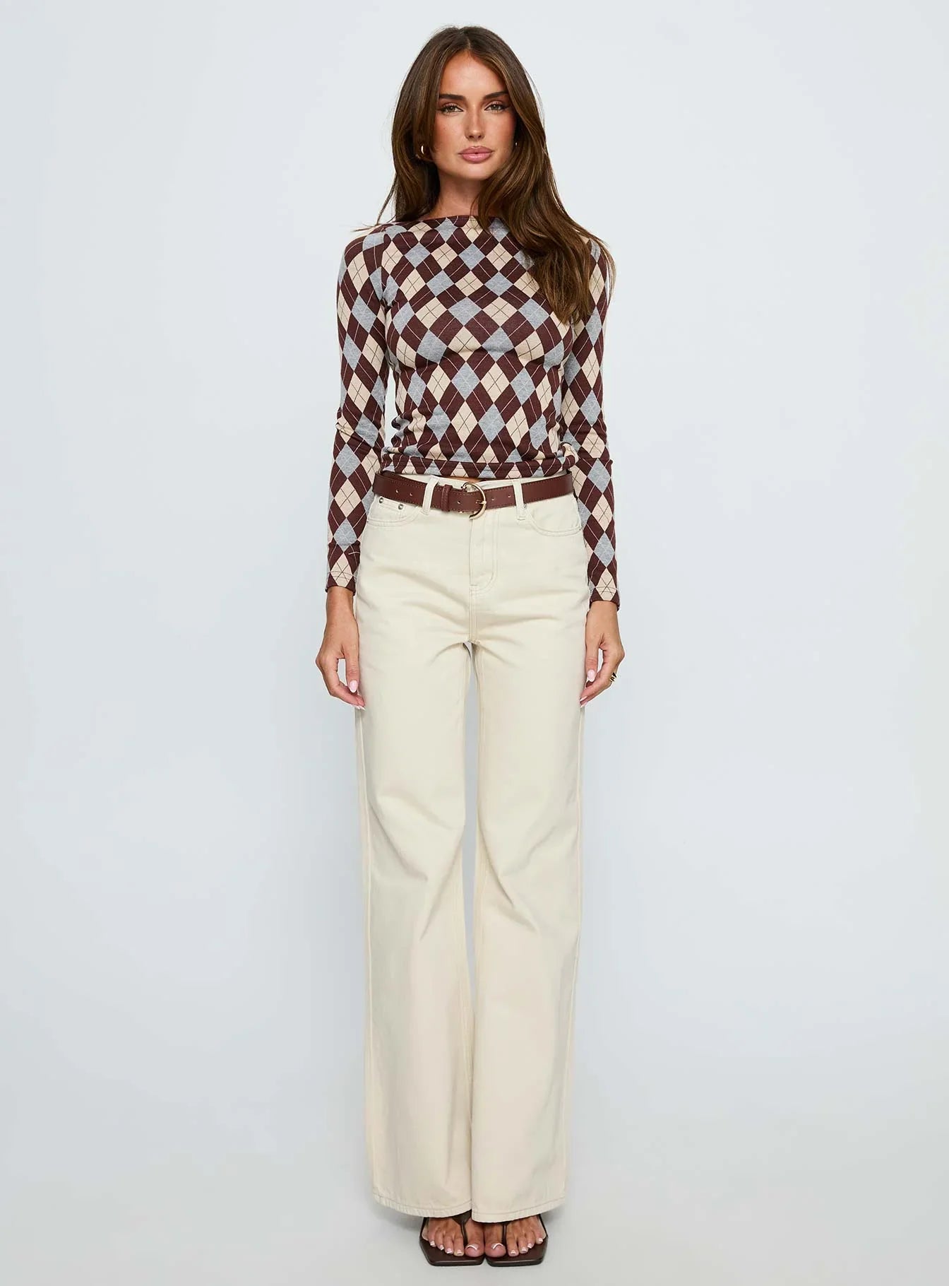 Shonna Boat Neck Long Sleeve Top Argyle