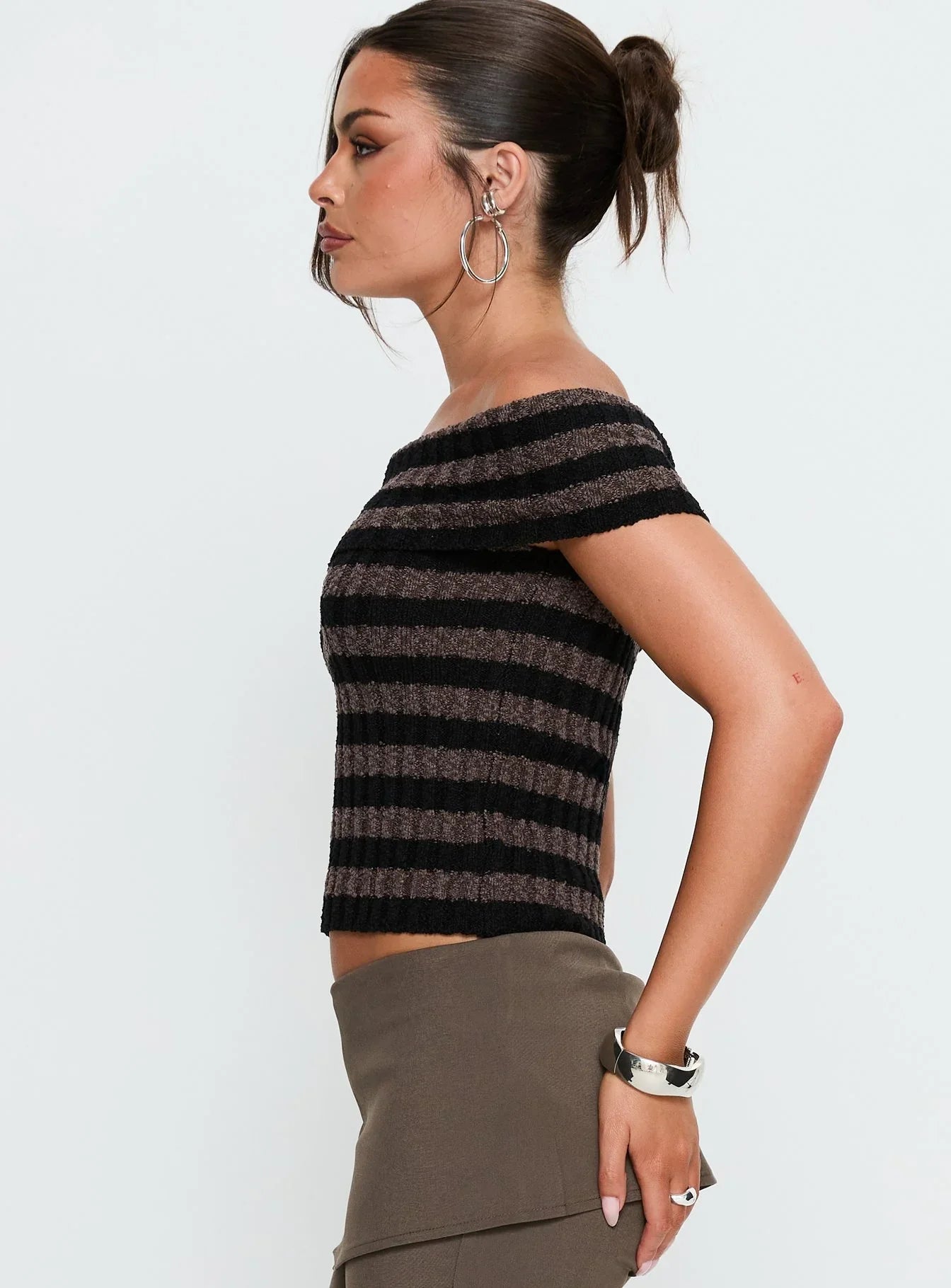Murmur Off Shoulder Top Brown Black Stripe