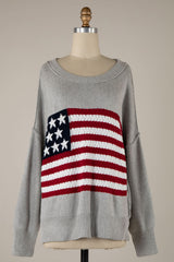 Land of Free Grey Oversized American Flag Sweater