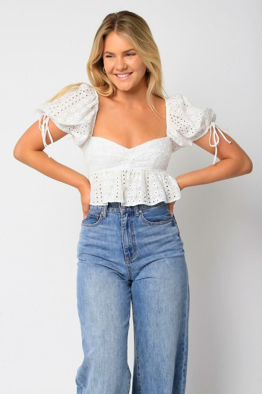 Sweet Blooms White Eyelet Short Sleeve Babydoll Crop Top