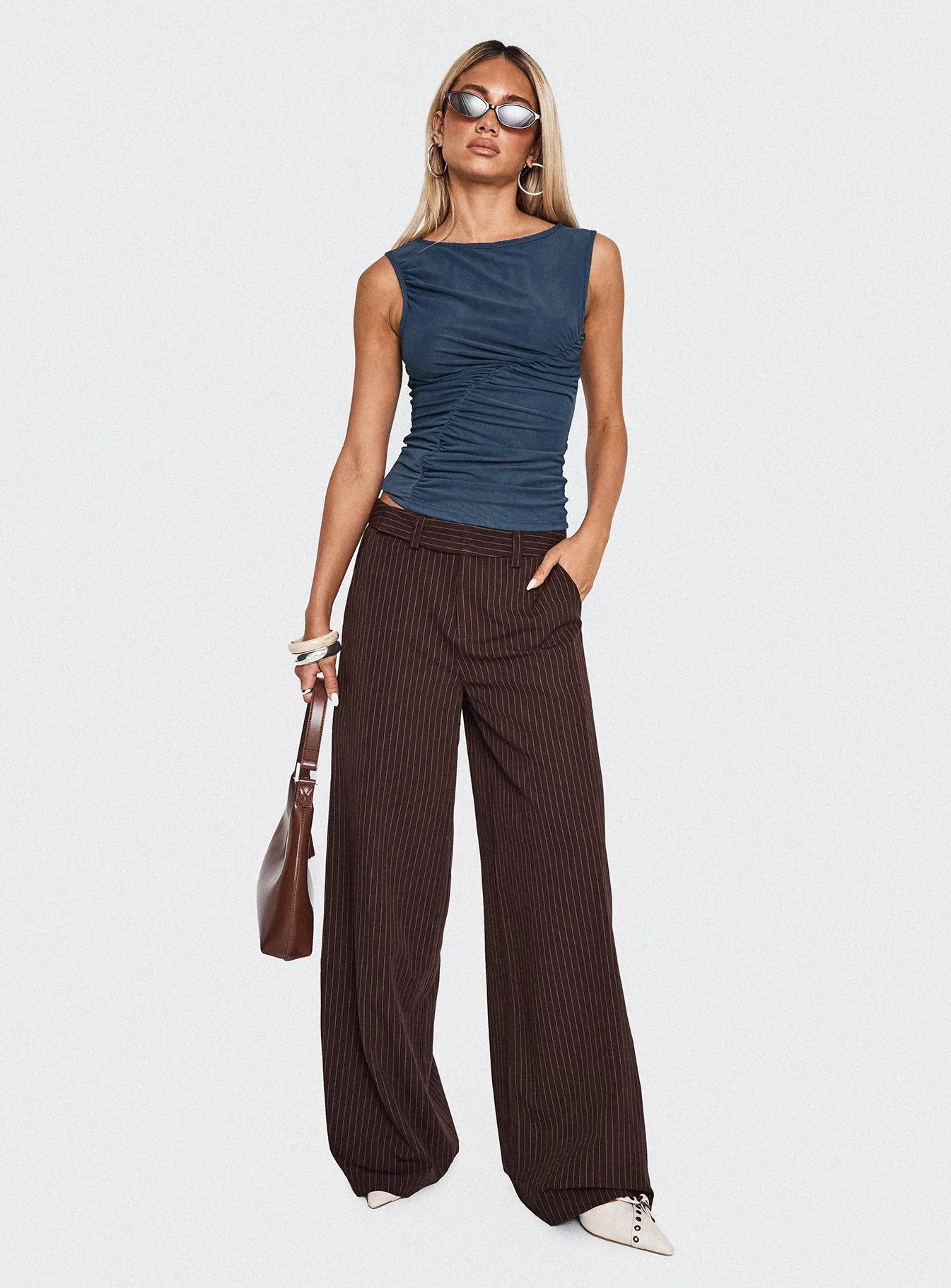 Lustre Wide Leg Pant Brown Pinstripe