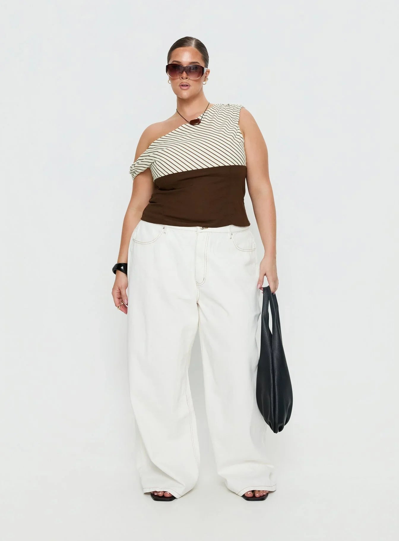 Past Life One Shoulder Top Brown / Stripe Curve