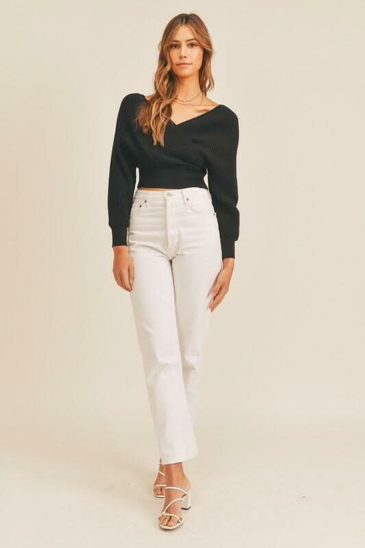 Natasha Black Ribbed Surplice Cropped Sweater