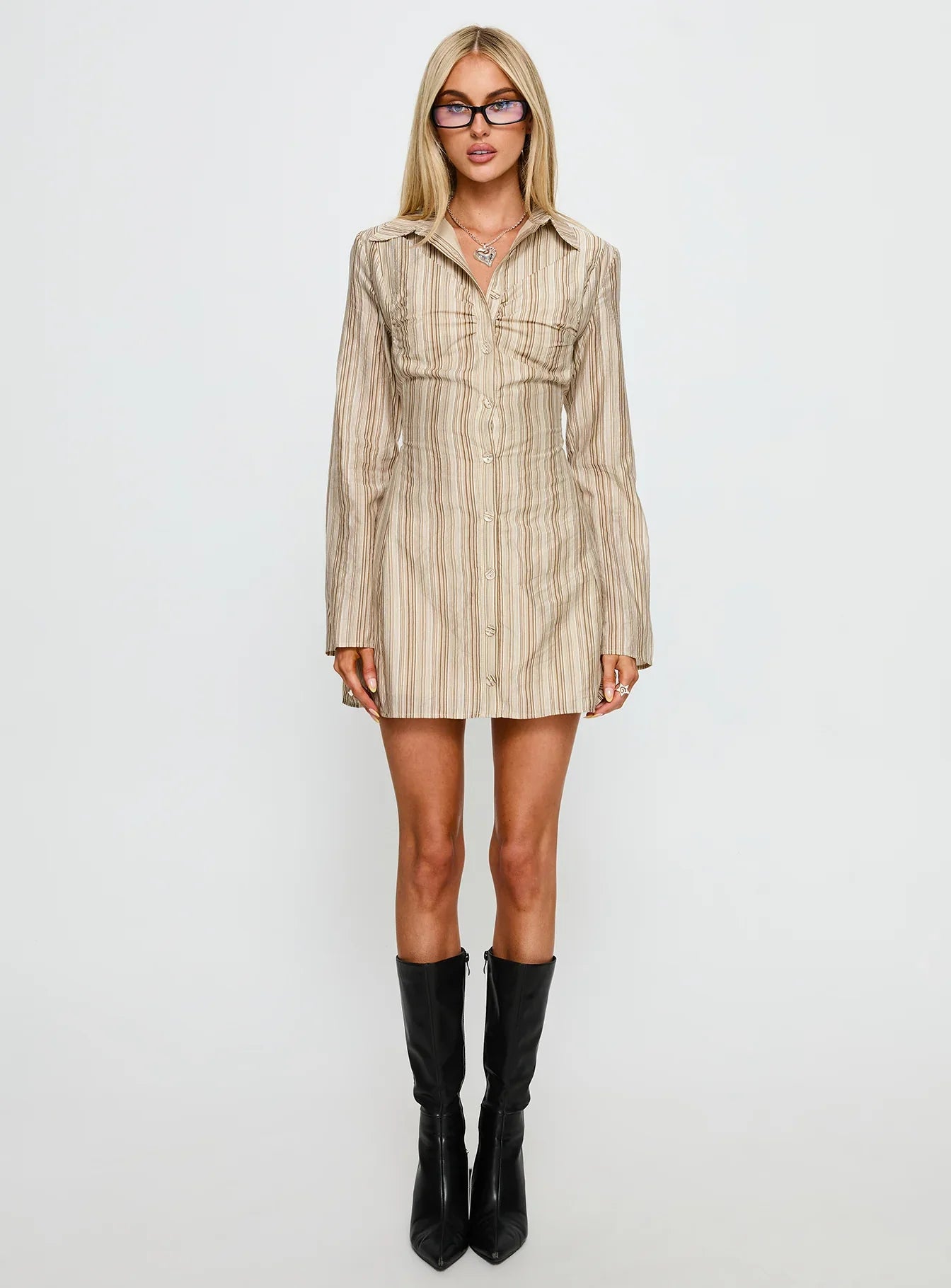 In Your Arms Long Sleeve Tie Back Mini Dress Brown Stripe