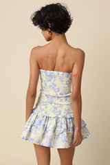Aimee Cream Blue Floral Strapless Mini Dress