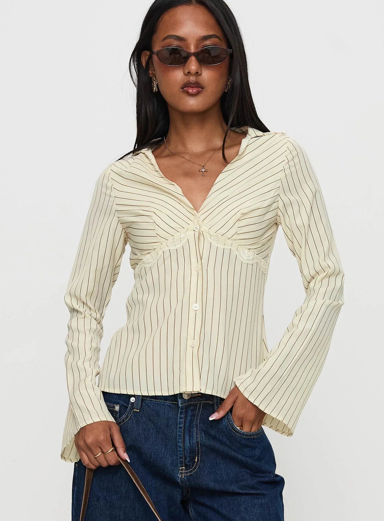 Life Begins Long Sleeve Lace Trim Top Cream Stripe