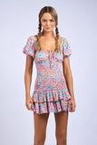 Mimi Aqua Pink Floral Puff Sleeve Mini Dress