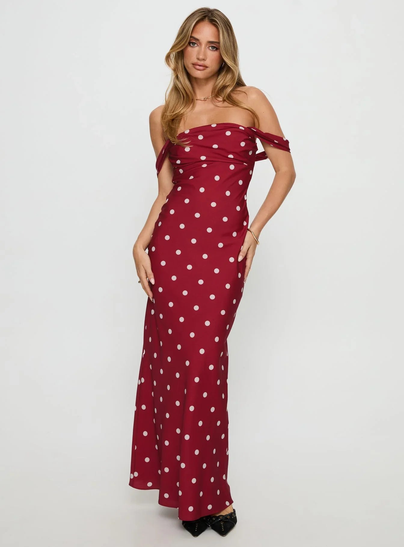 End Credits Off Shoulder Pleat Maxi Dress Red Polka Dot