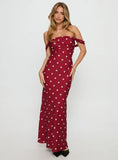 End Credits Off Shoulder Pleat Maxi Dress Red Polka Dot