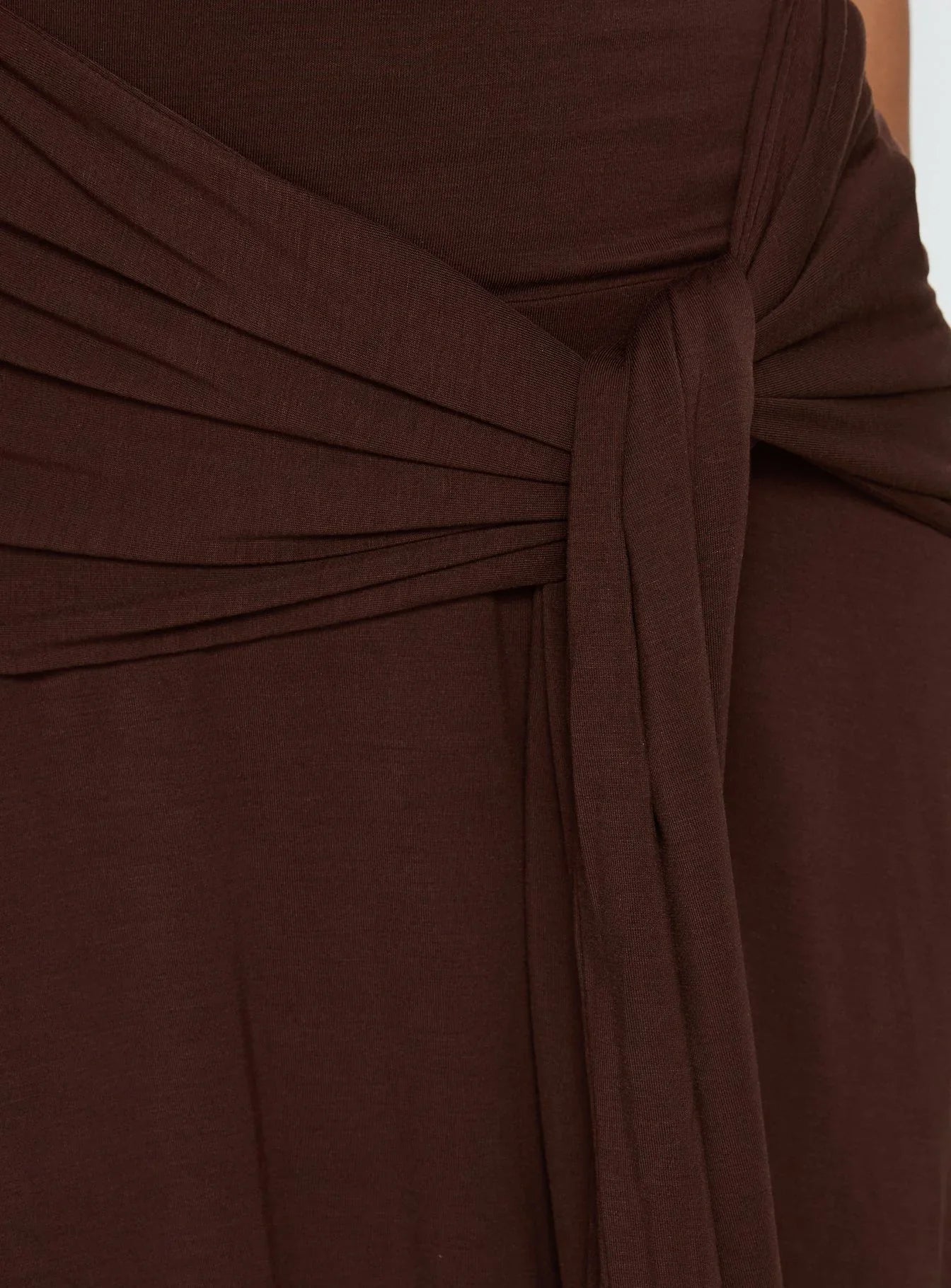 Moonlit Honey Asymmetrical Halter Jersey Midi Dress Chocolate