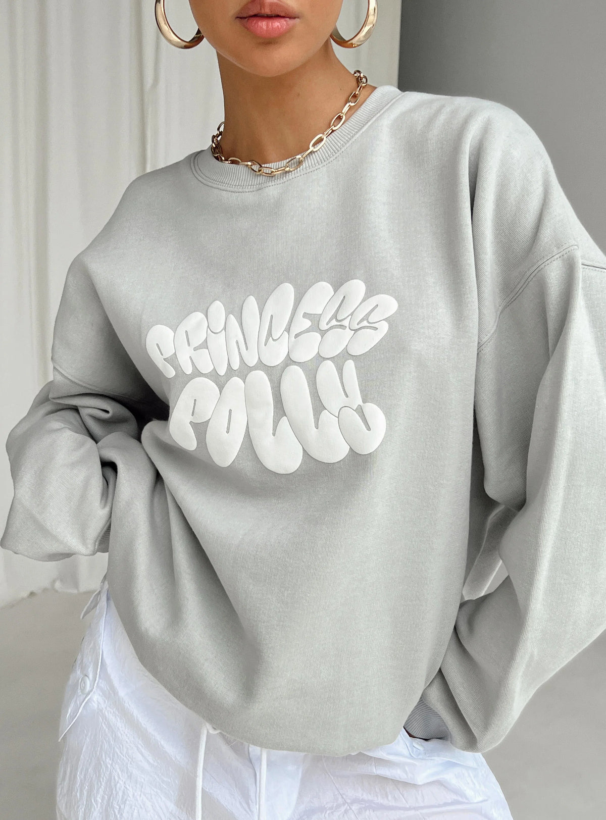Princess Polly Crew Neck Sweatshirt Bubble Text Grey Cloud White
