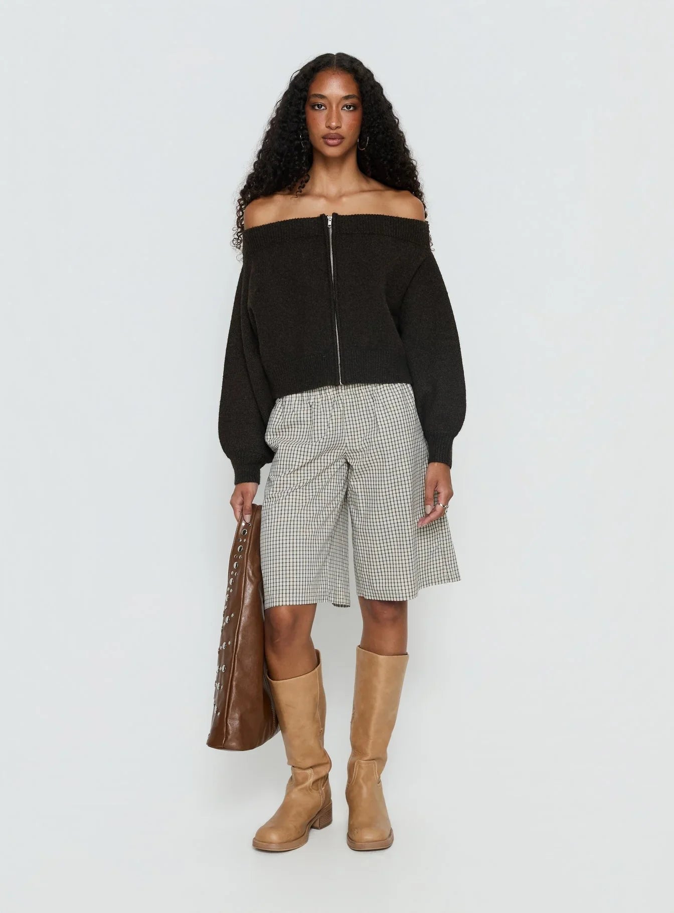 Ortensa Off Shoulder Zip Through Jumper Brown