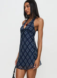 Laraline Halter Mini Dress Navy Check Petite