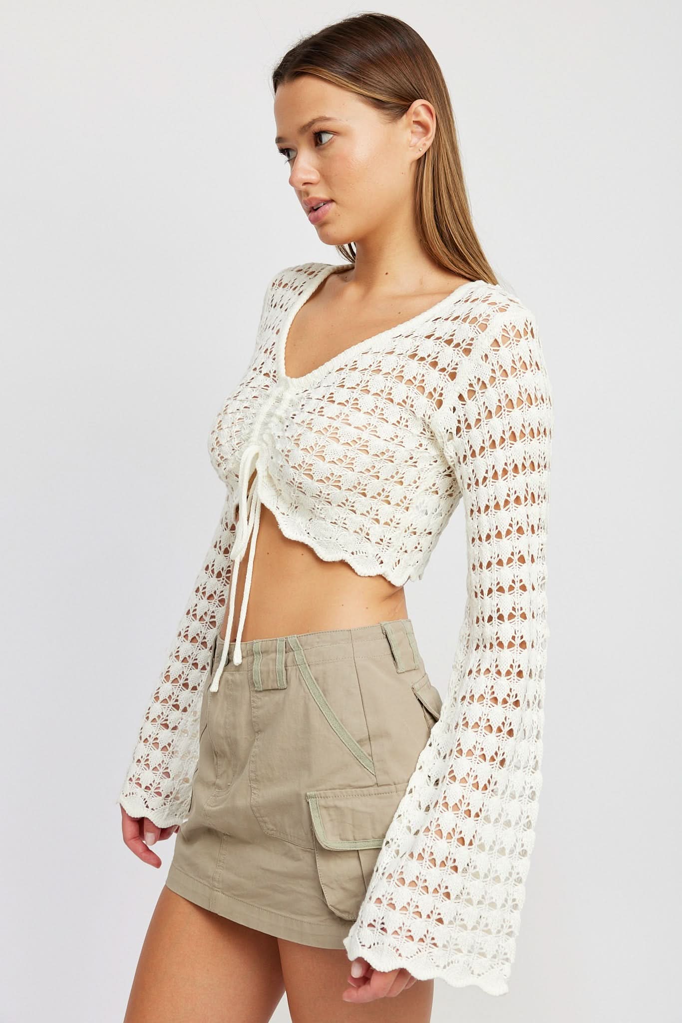 Liv White Ruched Crochet Crop Top