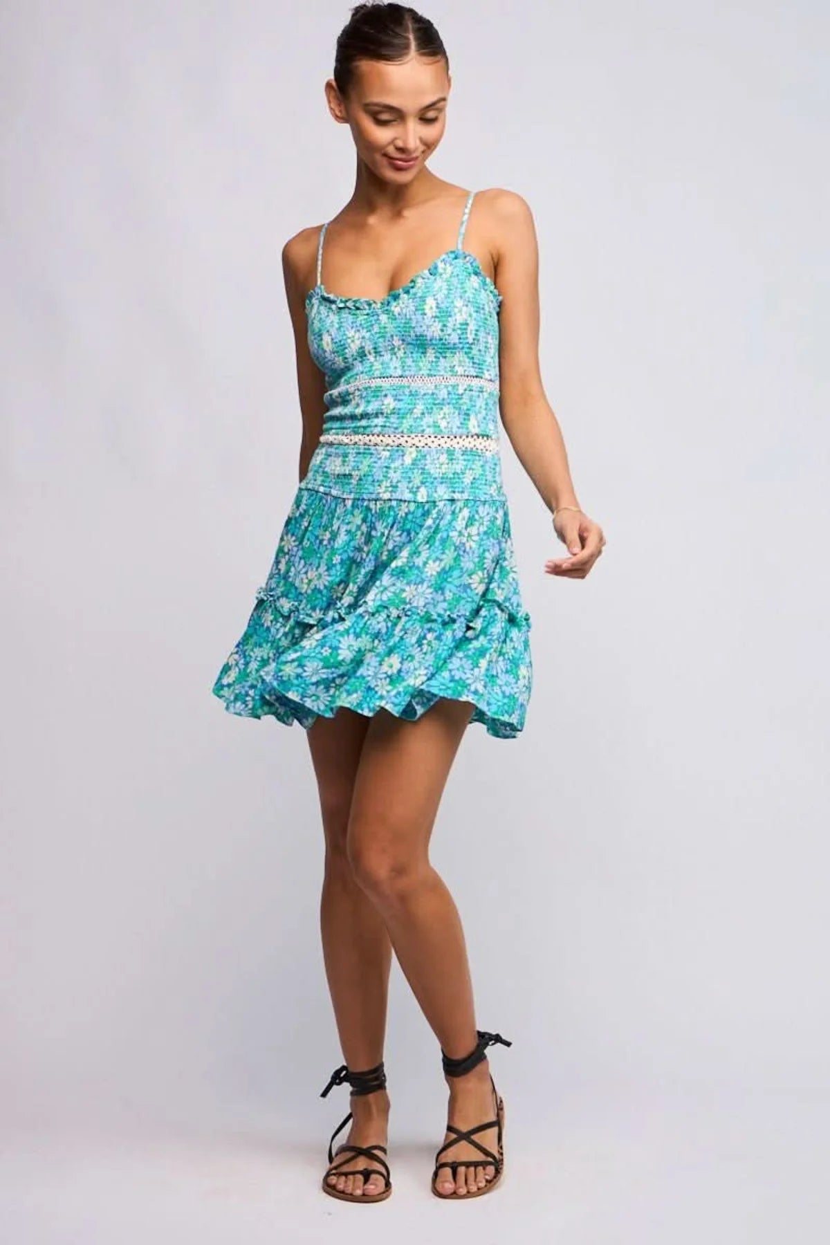 Ayla Teal Blue Floral Smocked Mini Dress