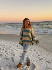 Poppy Beige and Sage Striped Oversized Sweater