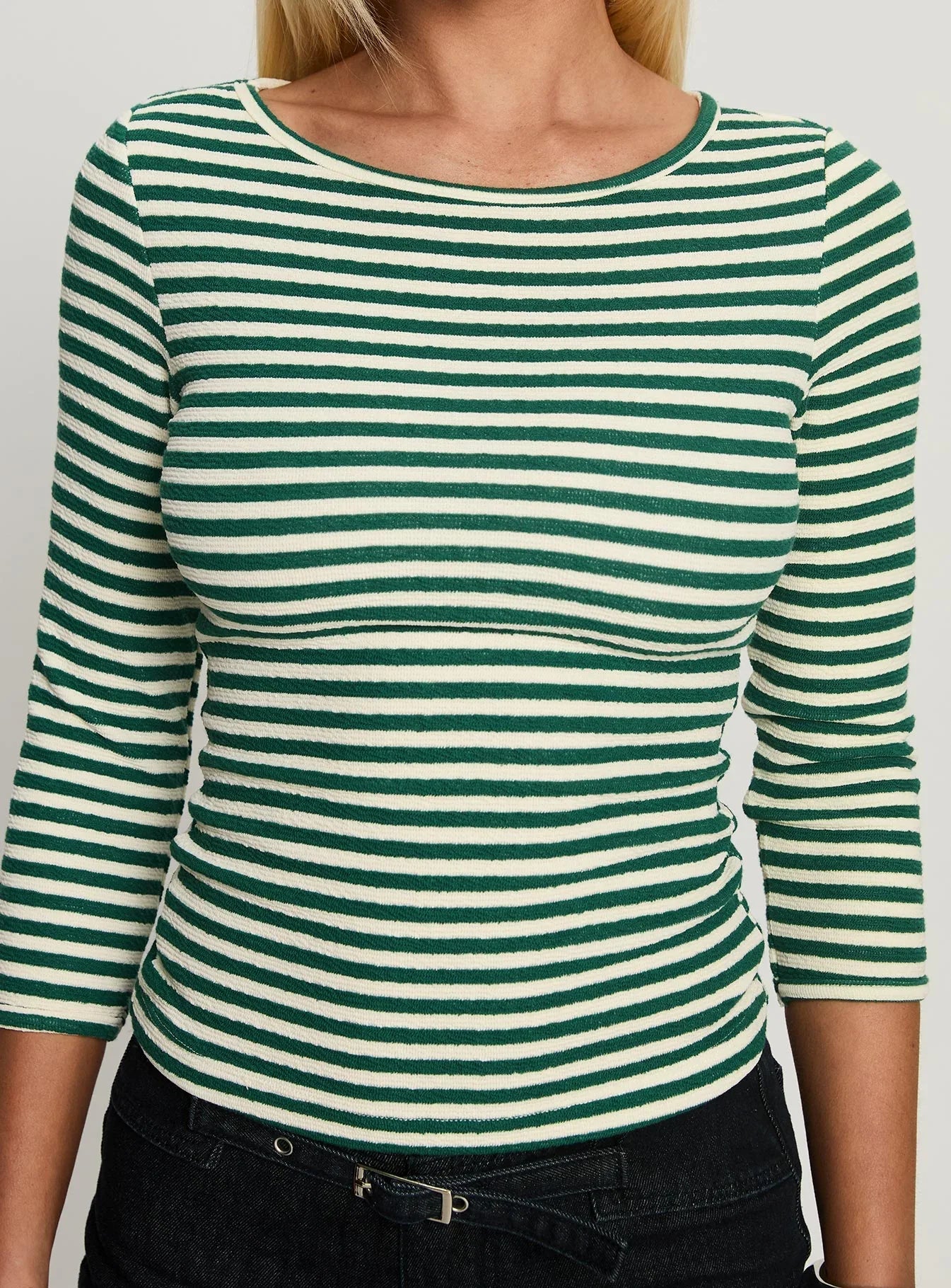 Missouri 3 4 Sleeve Textured Top Green Stripe