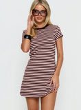 Settle Down Short Sleeve Mini Dress Pink Brown Stripe
