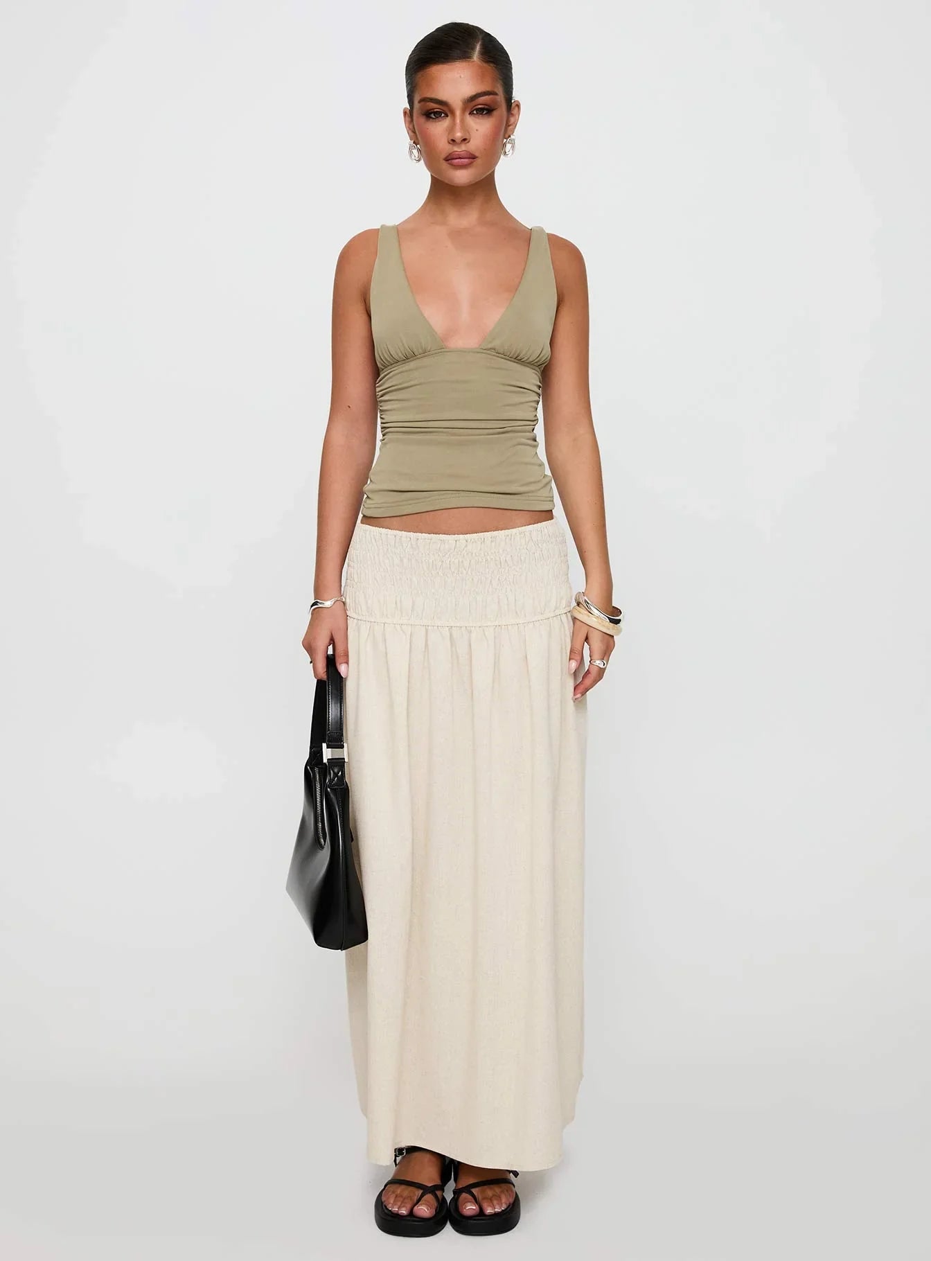Small Towns Shirred Midi Skirt Beige