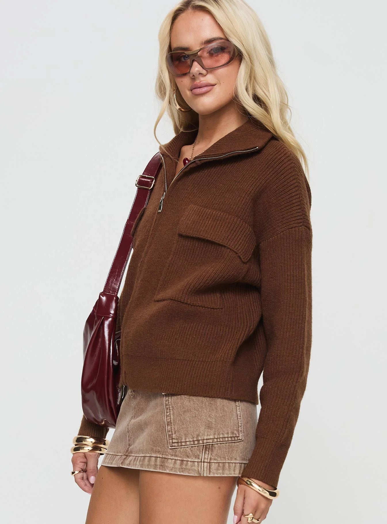 Too Busy Zip Up Sweater Chocolate