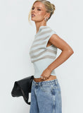 Vianne Cinched Waist Short Sleeve Knit Top Blue / Grey Stripe