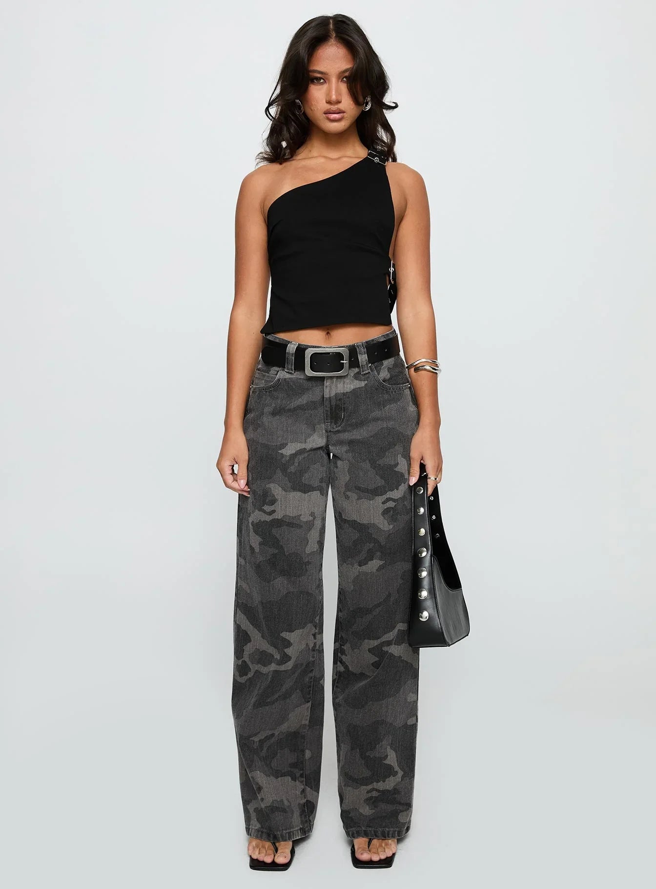 Buckled Down One Shoulder Top Black