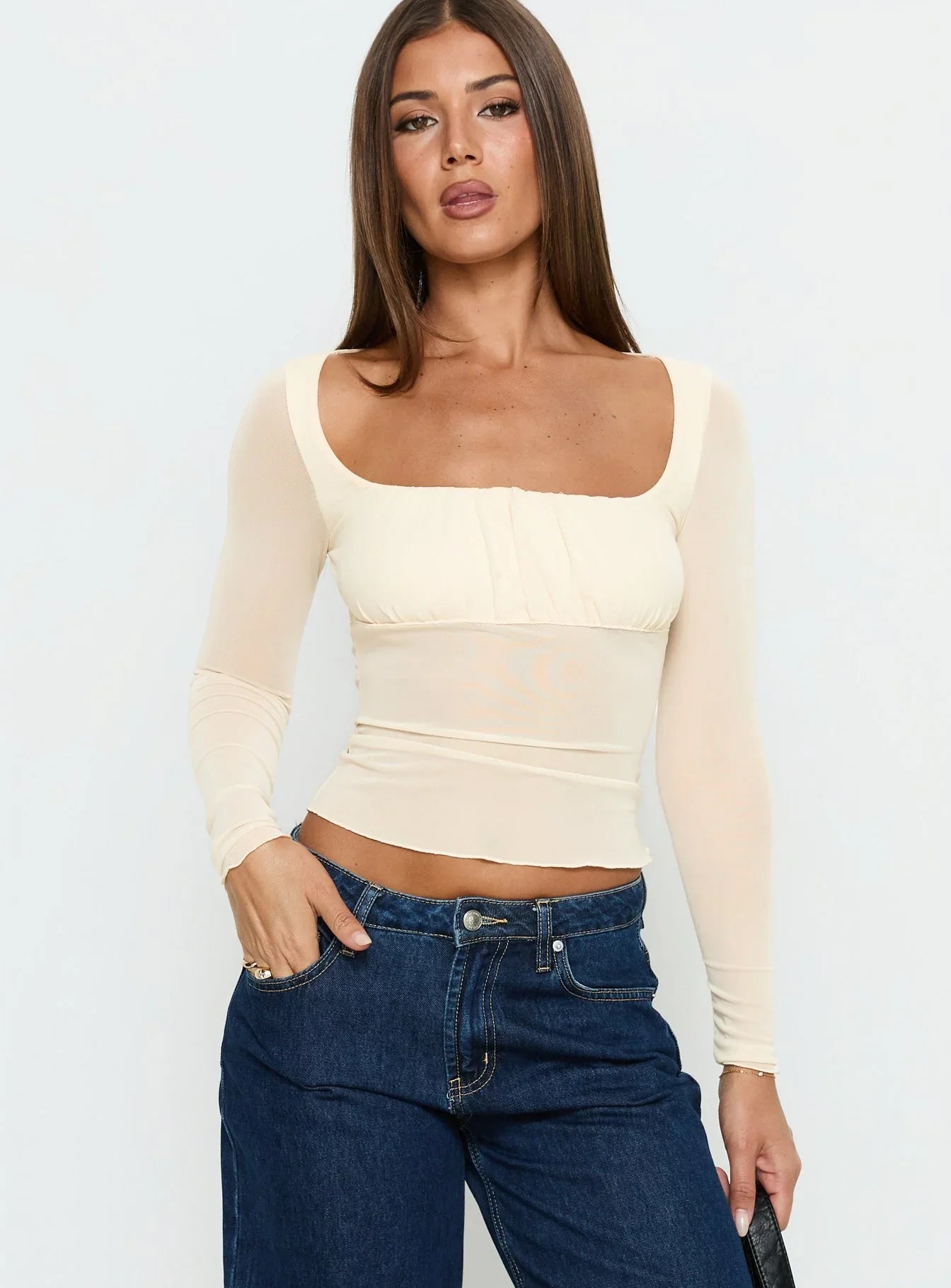 Victoire Long Sleeve Mesh Top Beige