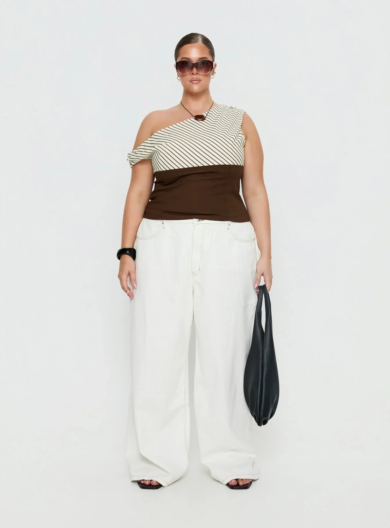 Past Life One Shoulder Top Brown / Stripe Curve