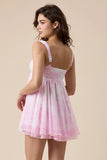 Layla White Pink Floral Toile Babydoll Mini Dress